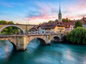 Historical Old Town of Bern city on dramatic sunset, Switzerland - GlobePhotos - royalty free stock images