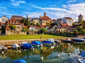 Picturesque medieval Old Town of Murten on Lake Morat, Switzerland - GlobePhotos - royalty free stock images