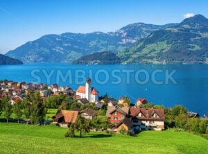 Traditional village on Lake Lucerne in swiss Alps, Switzerland - GlobePhotos - royalty free stock images