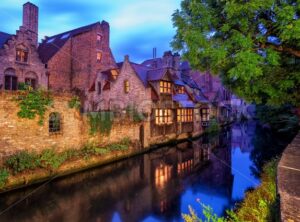 Bruges Old Town, Belgium. Traditional medieval houses on a canal. - GlobePhotos - royalty free stock images