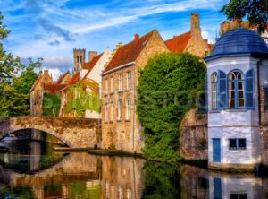 Historical brick houses in Bruges medieval Old Town, Belgium - GlobePhotos - royalty free stock images