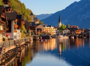 Traditional wooden village Hallstatt on Lake Hallstatt in european Alps, Austria - GlobePhotos - royalty free stock images