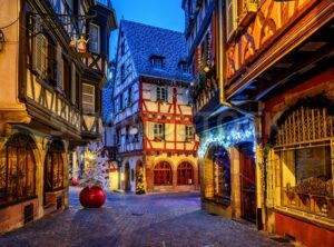 Traditional Christmas decorations and illumination in Colmar Old Town, Alsace, France - GlobePhotos - royalty free stock images