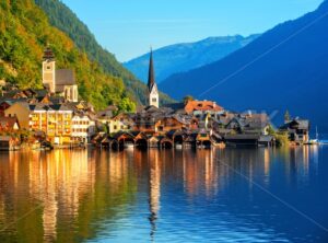 Traditional wooden village Hallstatt on Lake Hallstatt in european Alps, Austria - GlobePhotos - royalty free stock images