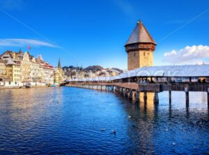 Lucerne, Switzerland, Chapel Bridge with white snow in winter - GlobePhotos - royalty free stock images