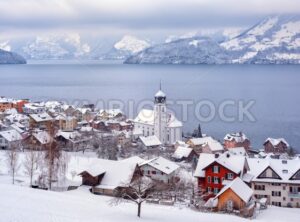 Beckenried village on Lake Lucerne, swiss Alps mountains, Switzerland, view in winter time - GlobePhotos - royalty free stock images