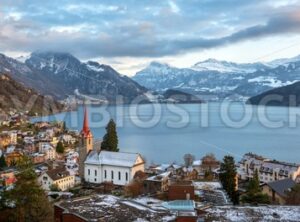 Weggis village on Lake Lucerne, swiss Alps mountains, Switzerland - GlobePhotos - royalty free stock images