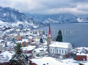 Weggis village on Lake Lucerne, swiss Alps mountains, Switzerland, in winter time - GlobePhotos - royalty free stock images