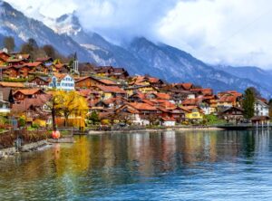 Old town and Alps mountains on Brienzer Lake, Switzerland - GlobePhotos - royalty free stock images