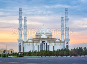 Astana, Kasakhstan, beautiful white Hazrat Sultan mosque on sunset - GlobePhotos - royalty free stock images