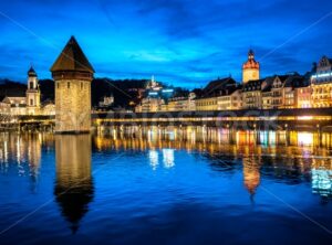 Lucerne, Switzerland, the Old town and Chapel bridge in the late evening blue light - GlobePhotos - royalty free stock images