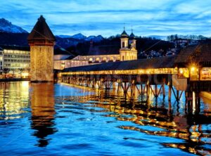Lucerne, Switzerland, the Old town and Chapel bridge in the late evening blue light - GlobePhotos - royalty free stock images