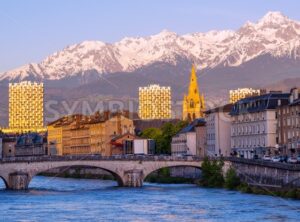 Grenoble, France, historical city center and Alps mountains