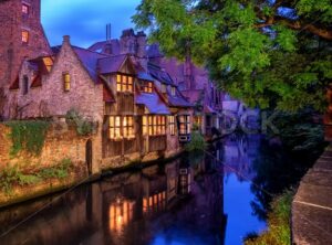 Bruges Old Town, Belgium. Traditional medieval houses at night.