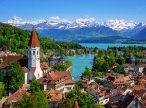 Thun city and lake in swiss Alps, Switzerland