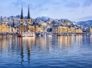 Lucerne city on Lake Lucerne, Switzerland, in winter