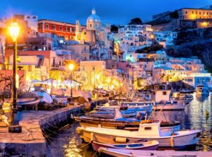 Procida island, Old town port at night, Italy