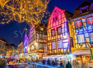 Christmas illumination on a street in Colmar Old town, Alsace, France