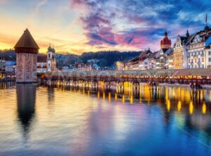 Dramatic sunset in Lucerne Old town, Switzerland