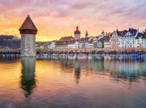 Dramatic sunset over historical Lucerne Old town, Switzerland