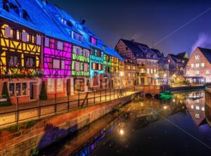 Historical houses illuminated for Christmas in Colmar, Alsace, France