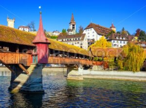 Lucerne city, Spreuer bridge and Old town wall towers, Switzerland