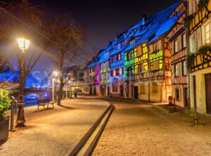 Medieval houses illuminated on Christmas in Colmar, Alsace, France