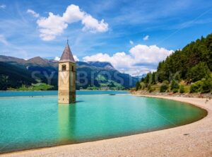 Church in the lake Reschen bell tower, South Tyrol, Italy