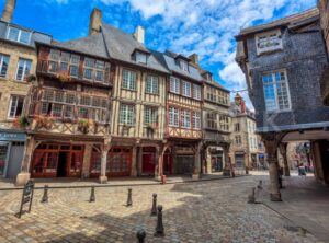 Half-timbered medieval houses in Dinan historical Old town, Brittany, France