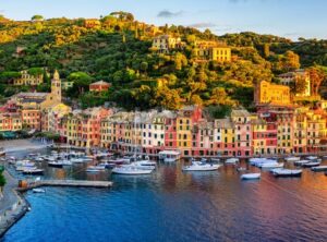 Portofino town on Liguria coast, Genoa, Italy, panorama on sunrise