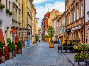 A street in historical Old town of Lviv, Ukraine