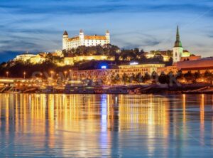 Bratislava Old town on Danube river, Slovakia, in the evening