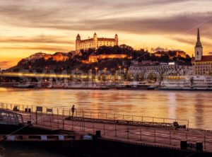 Bratislava city on Danube river, Slovakia, on sunset