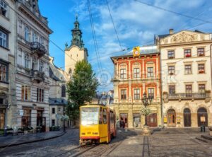 Historical tram in the Old town of Lviv, Ukraine