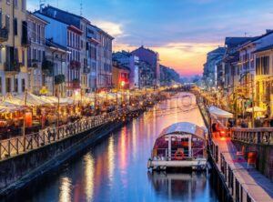 Naviglio Grande canal in Milan, Italy, on sunset