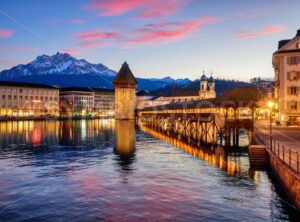 Lucerne, Switzerland, on dramatic sunset