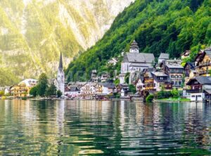 Hallstatt village on a lake in Alps mountains, Austria - GlobePhotos - royalty free stock images