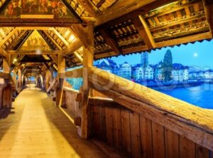 Lucerne city as seen from wooden Spreuer Bridge, Switzerland - GlobePhotos - royalty free stock images