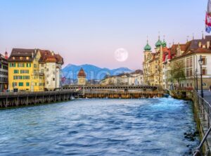 Old town of Lucerne in pink evening light, Switzerland - GlobePhotos - royalty free stock images