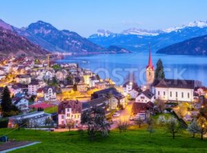 Weggis town on Lake Lucerne, Switzerland, night view - GlobePhotos - royalty free stock images