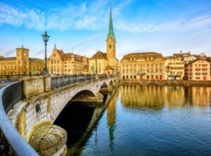 Zurich city skyline with Frauenmunster church, Switzerland - GlobePhotos - royalty free stock images