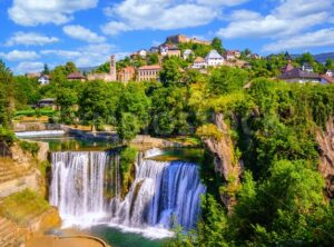Pliva waterfall in Jajce town, Bosnia - GlobePhotos - royalty free stock images