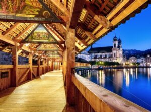 Wooden Chapel bridge in Lucerne city, Switzerland - GlobePhotos - royalty free stock images