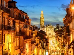 Porto town with Dos Clerigos cathedral at night, Portugal