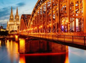 Hohenzollern Bridge and Cathedral in Cologne city, Germany