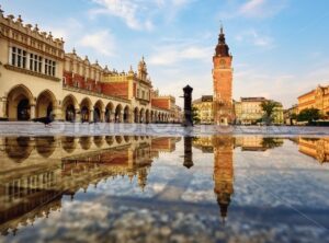 Rynek square in Krakow Old town, Poland, after rain