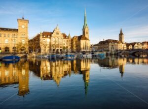 Zurich city’s historical Old town facing Limmat river, Switzerland