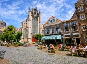 Historical Old town and Hooglandse Kerk church in Leiden, Netherlands