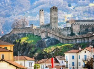 Castelgrande castle over the roofs of Bellinzona city, Switzerland