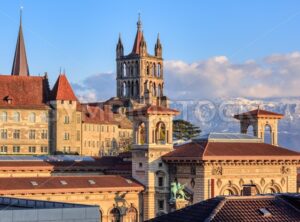 Lausanne city and the snow covered Alps mountains, Switzerland